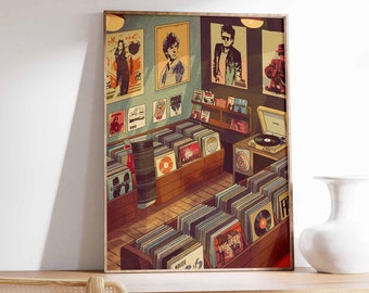 May include: A vintage record store interior with a wall of vinyl records, a turntable, and posters of musicians. The store is decorated in a retro style with wood paneling and a checkered floor.