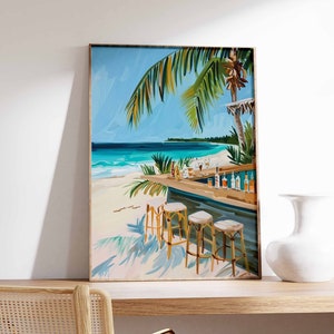 May include: A painting depicting a tropical beach bar with palm trees, turquoise water, and four bar stools. The bar is made of wood and has a white countertop. There are bottles of alcohol and glasses on the counter.