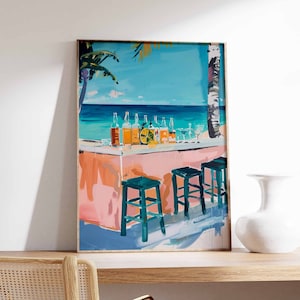Cartel del bar de playa del Caribe, arte de la pared tropical, decoración tropical, arte del bar de cócteles, arte de la playa del Caribe, cartel junto al mar, impresión botánica