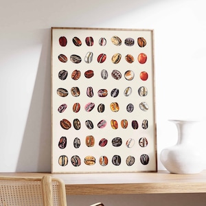 May include: A framed print of a grid of coffee beans in various colors and shades, including brown, red, and white. The beans are arranged in a grid pattern on a cream-colored background.