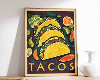 Póster de tacos vibrantes, decoración de cocina con comida mexicana