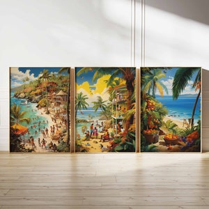 Caribbean Set of 3 Prints, Caribbean Wall Art, Tropical Decor, Exotic Poster, Tropical Art Print, Jamaica Wall Art, Floral Decor, Black Art