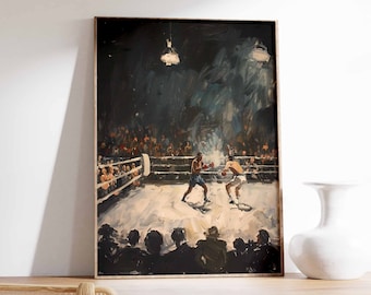 Puede incluir: Una pintura de dos boxeadores en un ring de boxeo. Los boxeadores llevan guantes rojos y blancos y están en posición de combate. El ring está rodeado por una multitud de personas. La pintura está realizada en un estilo realista y tiene un fondo oscuro.