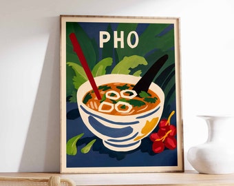 May include: A vintage-style poster with a bowl of Pho, a Vietnamese noodle soup, with chopsticks and a sprig of cilantro. The poster has a blue background with green leaves and the word "PHO" in bold, white letters.