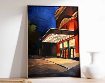 May include: A painting of a red brick building with a marquee and lit up windows at night. The building has a large awning with lights and a sign that says "The Rialto".