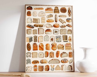 May include: A poster featuring a variety of illustrated breads, including sourdough, baguettes, rolls, and loaves. The poster has a beige background and is framed in a light brown wood frame.