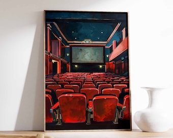 May include: A painting of a movie theater interior with red seats and a large screen. The seats are arranged in rows and the screen is at the front of the theater. The painting is in a dark blue frame.