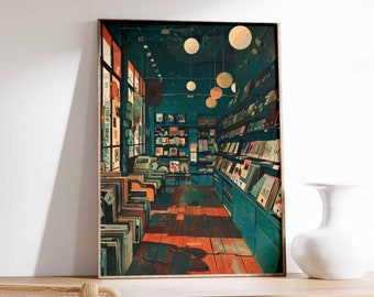Retro Vinyl Record Store Print, Vintage Music Shop Poster