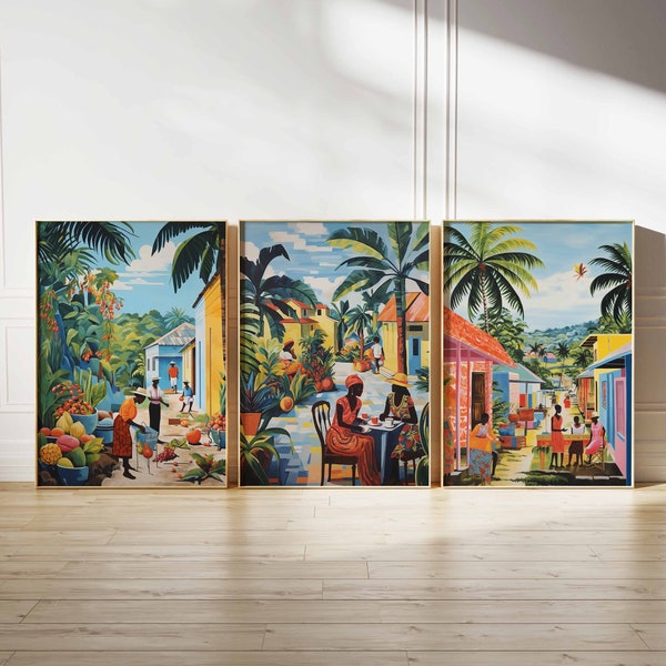 Karibik 3er Set Prints, Karibik Wandkunst, Tropisches Dekor, exotisches Poster, Tropischer Kunstdruck, Jamaika Wandkunst, Blumendekor, schwarze Kunst