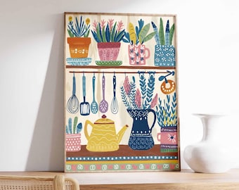 Colorful Kitchen Wall Art, Kitchen Decor, Floral Poster, Boho Scandinavian Decor, Kitchen Poster, Shelf Poster With Utensils and Flowers