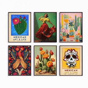 Mexican Gallery Wall Poster Set, Mexican 6 Print Set, Floral Print, Mexican Cactus Art, Latin Wall Art, Floral Wall Art Decor, Mexican Art
