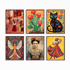 Mexikanische Galerie Wand Poster-Set, Mexikanische 6 Druck-Set, Blumendruck, Mexikanische Kaktus Kunst, lateinische Wandkunst, Blumenwand-Kunst-Dekor, mexikanische Kunst
