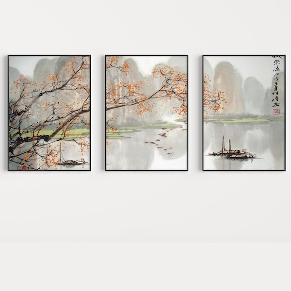 Set di arte da parete giapponese di 3 poster, stampa da parete giapponese, stampa floreale, arte paesaggistica giapponese, set di poster di arredamento asiatico, regalo, A1/A2/A3/A4