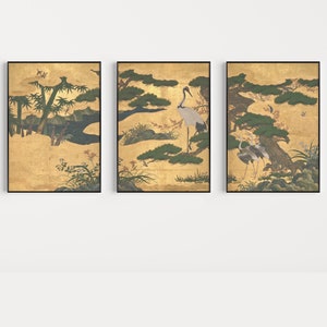 Japanese Set of 3 Posters, Kano Motonobu - Birds and Flowers of the Four Seasons, Japanese Oriental Poster Sets, Floral Print, A1/A2/A3/A4