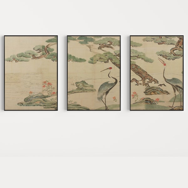 Japanese Set of 3 Floral Posters, Asian Japanese Art Prints, Cranes Pines and Bamboo by Ogata Korin, Japanese Decor, Gift, A1/A2/A3/A4