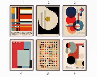 May include: Six Bauhaus style posters with geometric shapes and text. The posters are in black frames and feature a variety of colors, including red, blue, yellow, and green.