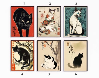 Vintage Japanese Cat Poster Set, Ukiyo-e Style Animal Art