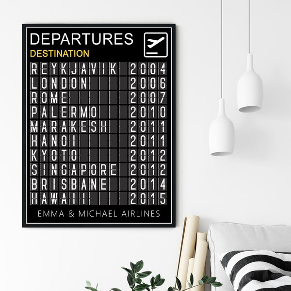 Póster de viaje personalizado, tablero de salidas, impresión de viaje al aeropuerto, regalo de viaje, decoración de pared, personalizado, elige tu texto