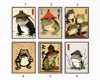 日本のカエルのアートプリントセット、ヴィンテージ浮世絵スタイル