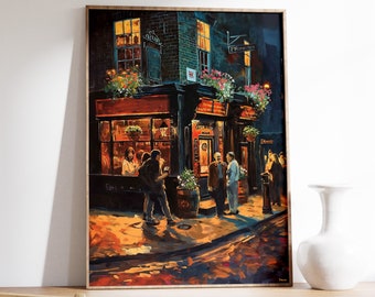 May include: A painting of a pub in a city setting. The pub is lit up with warm yellow lights and has a sign that reads "The Frog and Firkin". There are people standing outside the pub, some are talking and others are looking at the camera. The painting is done in a realistic style and has a warm, inviting feel.