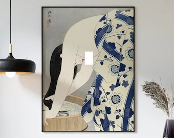 Vintage Ukiyo-e Art Print, Woman Washing Hair, Japanese Decor