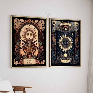 Set of 2 Sun and Moon Tarot Posters, Astrology Art, Celestial Wall Art, Boho Decor, Mystical Print, Sun Print, Moon Print, Spiritual Decor
