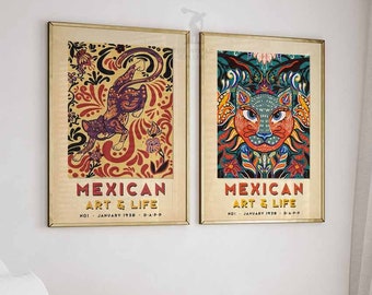 Mexican Art Prints Set of 2, Floral Wall Decor