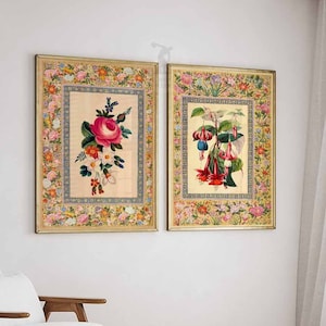 Indian Floral Art, Set Of 2, Indian Art Print, Floral Print, Vintage Art, Wall Art Decor, Birds Print, Pichwai Art, Gift Idea A1/A2/A3/A4