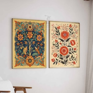 Indian Floral Art, Set Of 2, Indian Art Print, Floral Print, Vintage Art, Wall Art Decor, Birds Print, Pichwai Art, Mughal Art, Gift Idea