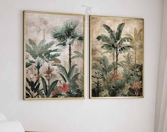 Vintage Botanical Jungle Print Set, Tropical Floral Wall Art