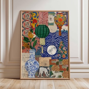 Stampa artistica con collage colorato, poster da parete in stile bohémien mediterraneo con lanterne e vaso, arredamento eclettico vintage per la casa, design artistico retrò