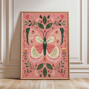 Lebendige Schmetterlingskunst Druck, Boho Botanisches Poster, Cottagecore Wandkunst, Rosa & Grüne Galeriewand, moderne Volkskunst, Naturliebhaber Geschenk