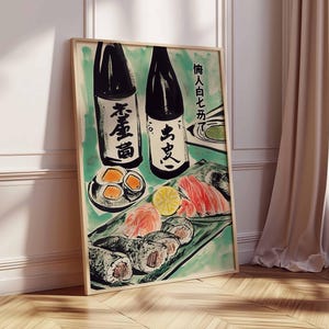 Traditional Japanese Sushi Food Poster, Japanese Cuisine Print, Kitchen Wall Decor, Food Art, Vintage Food Poster, Asian Food Illustration