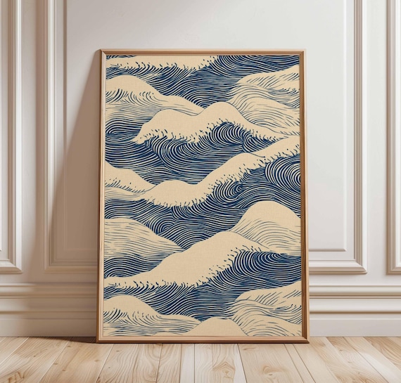 Vintage Japanese Blue Wave Pattern Poster, Modern Geometric Wall