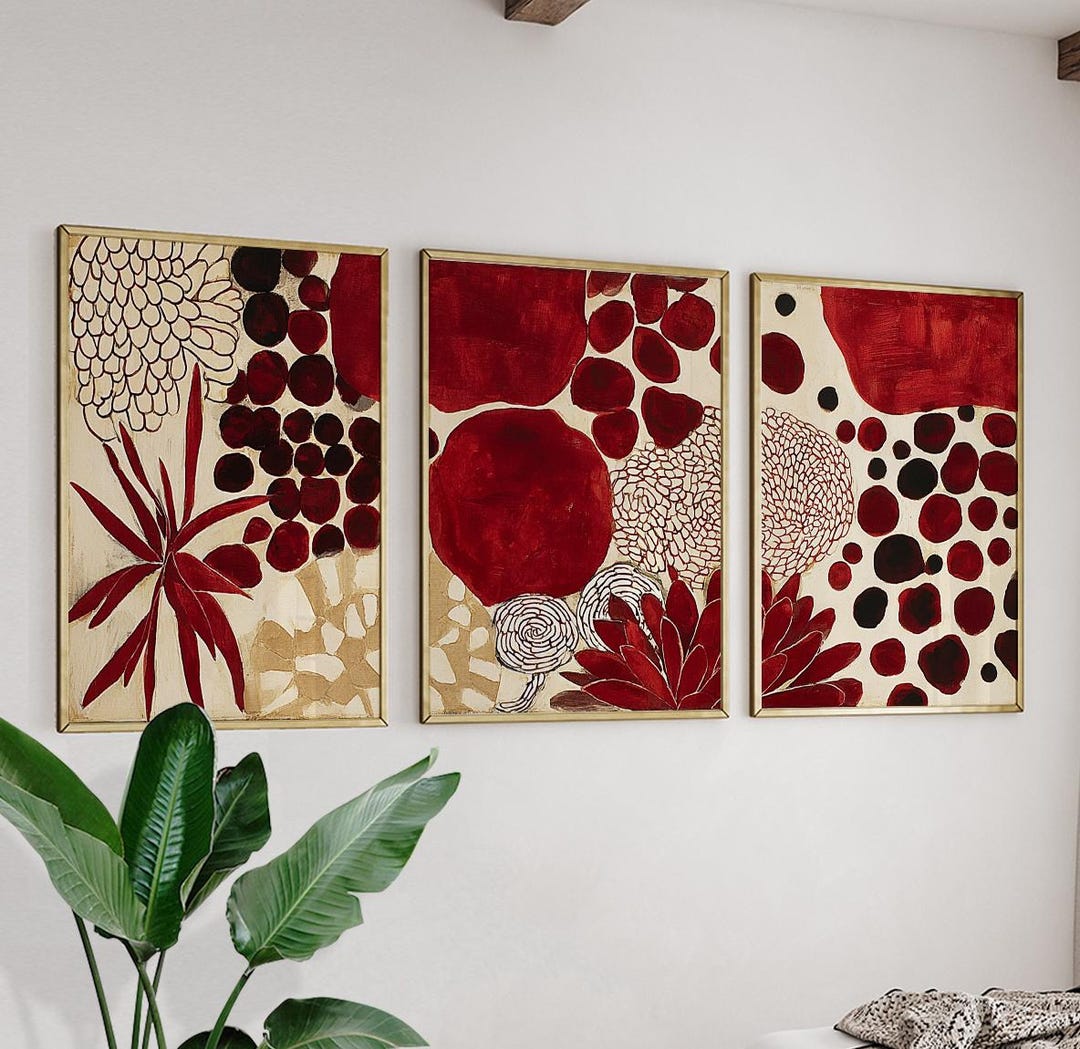 Red Beige Abstract Floral Posters Set of 3 | Modern Botanical Wall Art ...