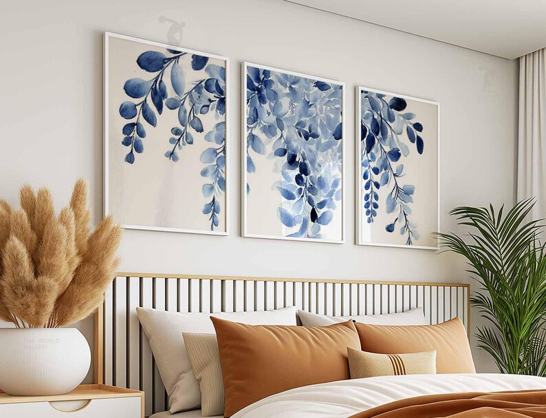 Set of 3 Blue Leaf Wall Art Prints, Botanical Watercolor Poster Trio ...