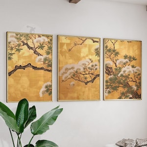 Japanese Set of 3 Floral Posters, Asian Japanese Art Prints, Golden Floral Art by Ogata Korin, Oriental Decor, Japanese Gift, A1/A2/A3/A4