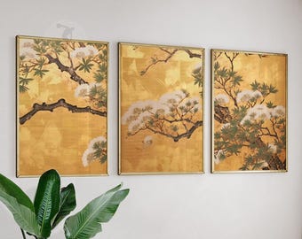 Japanese Set of 3 Floral Posters, Asian Japanese Art Prints, Golden Floral Art by Ogata Korin, Oriental Decor, Japanese Gift, A1/A2/A3/A4