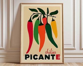 Chilipepers poster, poster pittige keuken, vintage eten illustratie, Mexicaans kookdecor, kleurrijk eetkamerkunstwerk