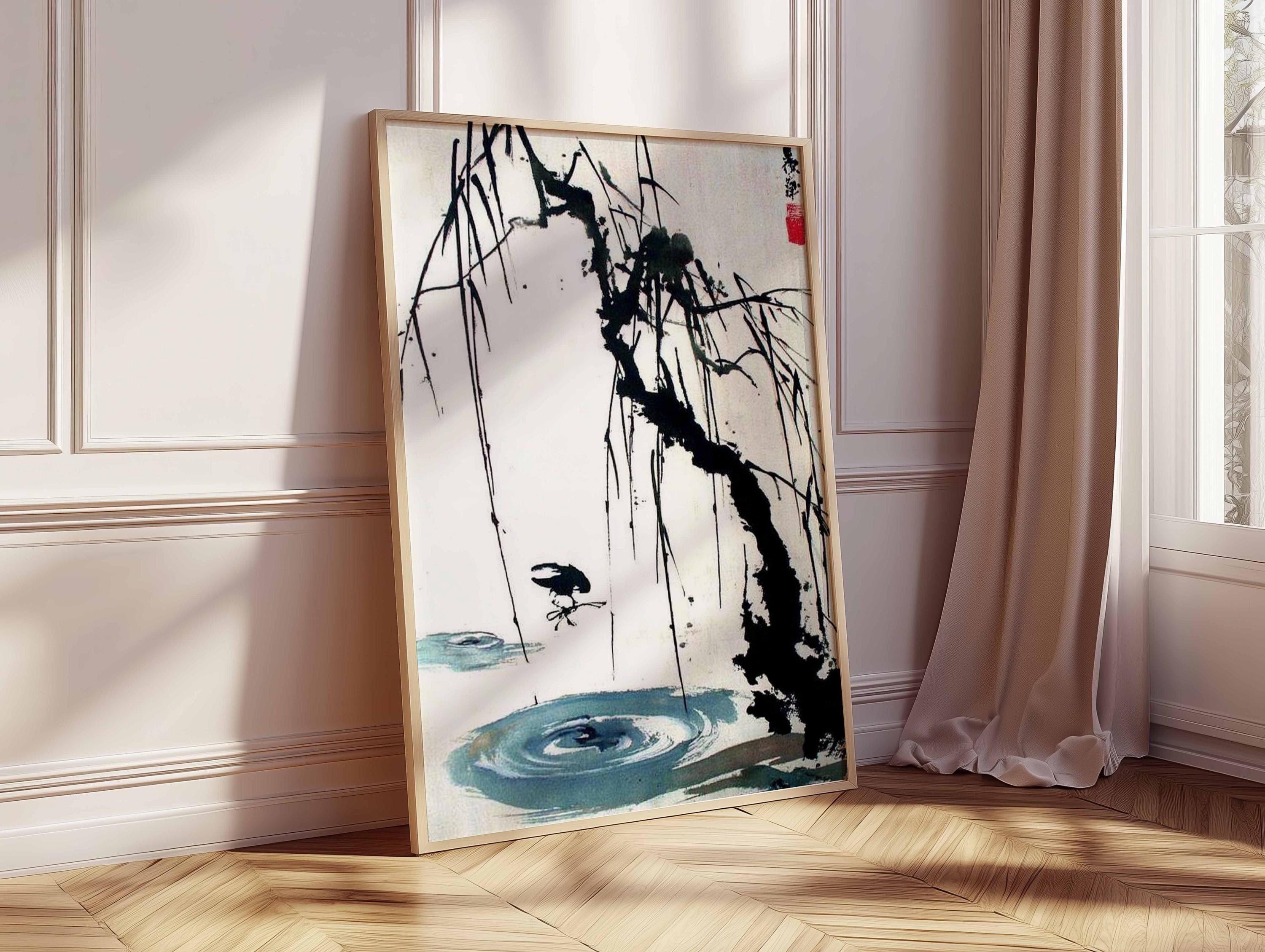 日本の水墨画、禅柳の木のアート、ミニマリストな侘び寂びのプリント