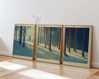 Winter Forest Art Print Set | Minimalist Landscape, Blue & Rust