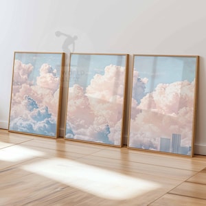 Clouds Bedroom Wall Art Set of 3 Prints, White Clouds Beige Sky Posters, Vintage Home Decor, Set of 3 Large Poster Art, Bedroom Decor