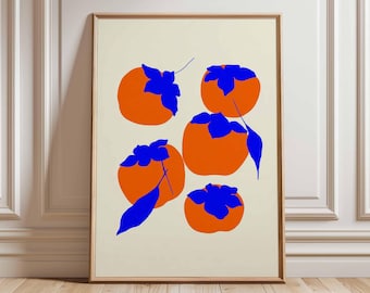 Persimmon Art Print, Modern Kitchen Still Life, Bold Orange & Blue