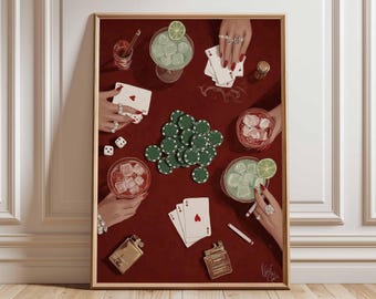 Poker Night Wall Art Print, Vintage Casino Poster with Playing Cards and Cocktails, Glamorous Gambling Decor, Poker Night Poster