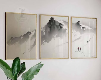 Juego de 3 impresiones de arte mural de montaña, pósteres de escaladores en acuarela, decoración de pared con paisaje natural minimalista.