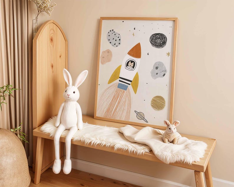 May include: A wooden bench with a white faux fur throw, a large white bunny plush, and a framed space-themed art print. The art features a rocket ship with a cat in the window, planets, and stars. A small bunny plush sits on the throw.