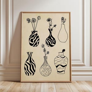 Jarrón de arte lineal minimalista / Decoración botánica de pared en blanco y negro / Ilustración de cerámica moderna
