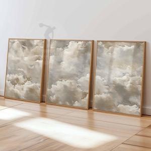 Beige Clouds Bedroom Wall Art Set of 3 Prints, White Clouds Beige Sky Posters, Vintage Home Decor, Set of 3 Large Poster Art, Bedroom Decor