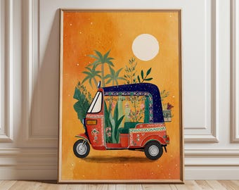 Indisches Tuk-Tuk-Poster, Boho-Wandkunst, lebhafter oranger Auto-Rikscha-Druck, Tropische Reiseillustration, exotische Boho-Innendekoration