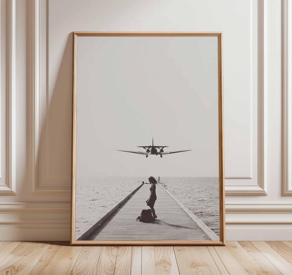 Airplane Landing Poster, Aviation Wall Art, Black and White Travel Print, Aircraft Over Ocean Artwork, Pilot Gift, Minimalist Decor